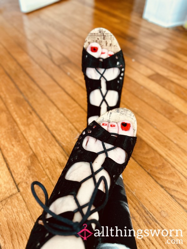 Black Lace Up Wedge Heels