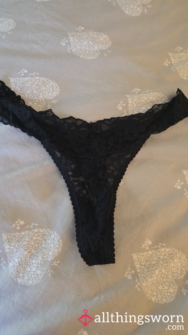Black Lace Well- Worn, Stained Thong 😋😜 UK Size 14-16.