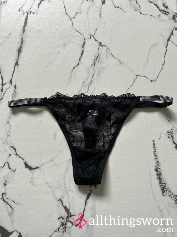 Black Lace With Bejewelled Band Thong