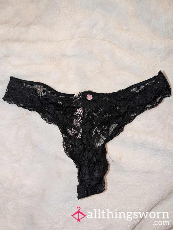 Black Lace W/rose Detail Thong