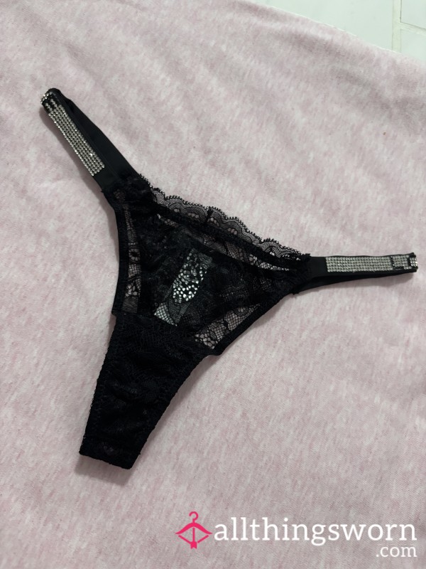 Black Lacey Love Diamond Band Thong