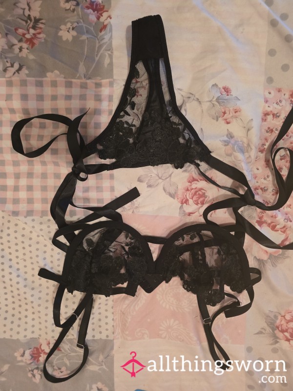Black Lacey Thong And Bra Set