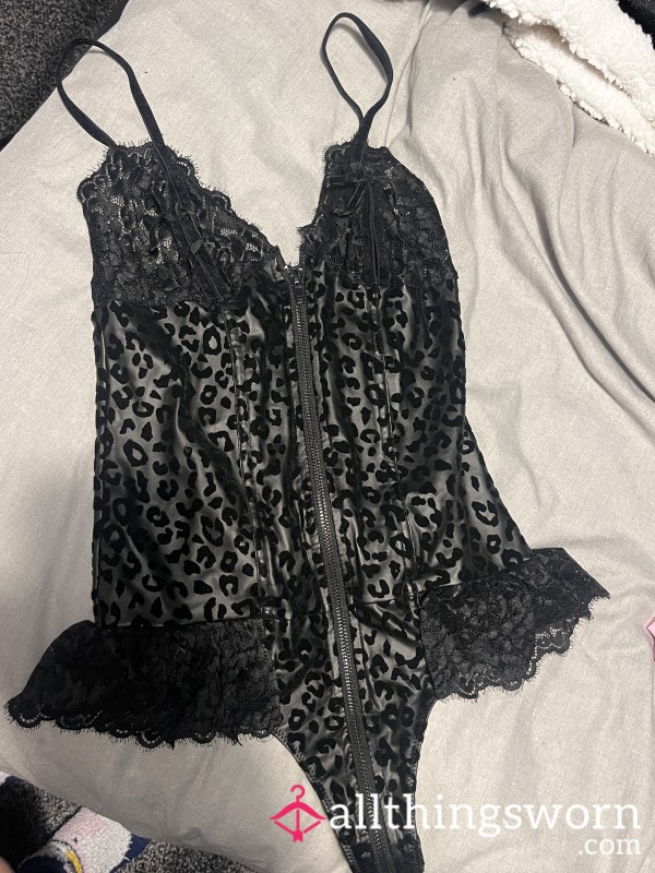 Black Leapord Lacy Zip Bodysuit