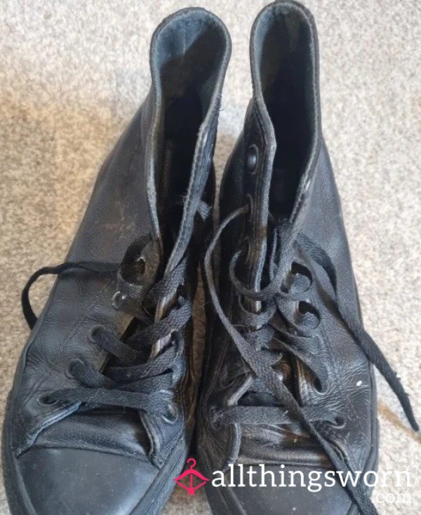 Black Leather Converse High Tops – Very Well Worn & Broken In