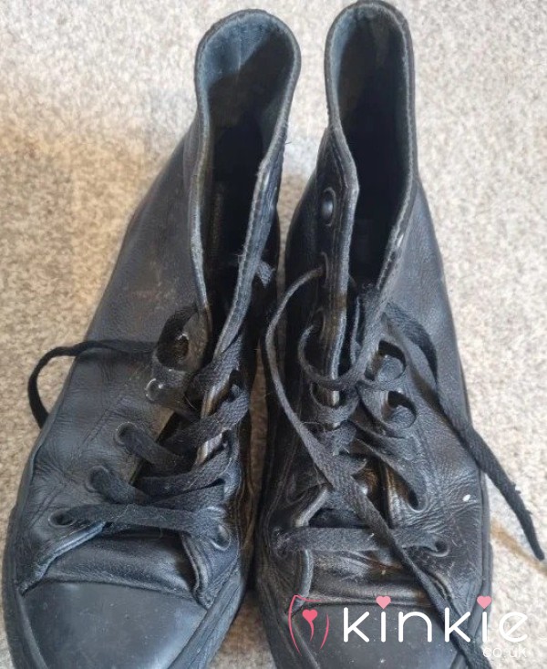 Black Leather Converse High Tops – Very Well Worn & Broken In
