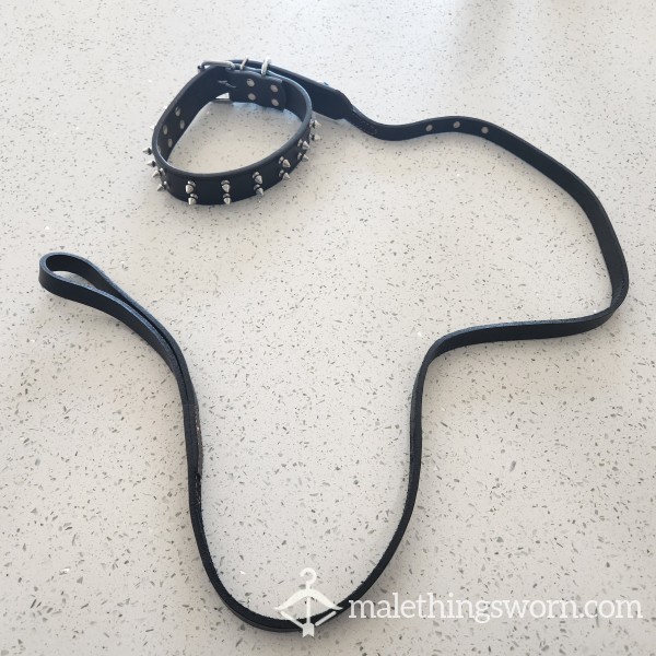 Black Leather Dog Leash & Collar With Studs