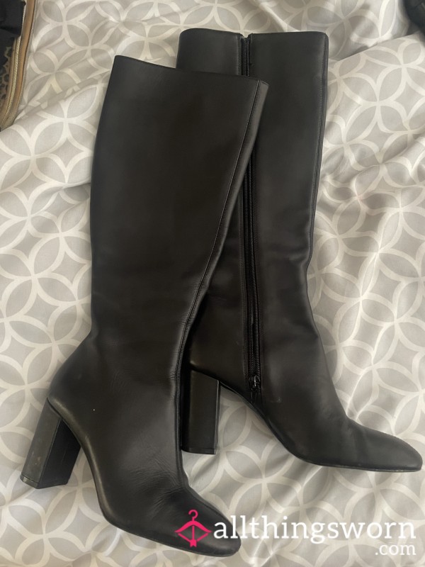 Black Leather Knee High Heeled Boots