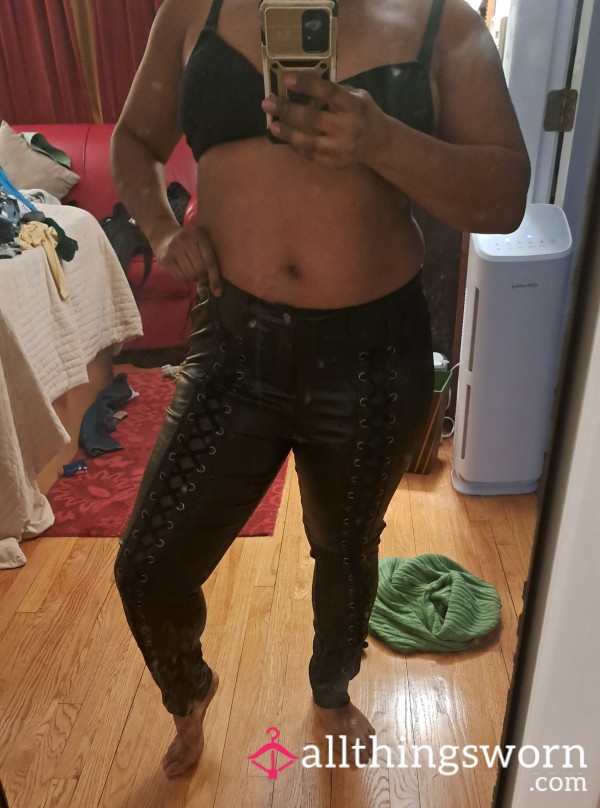 Black Leather Look Pants With Front Lace Up Legs SzXL