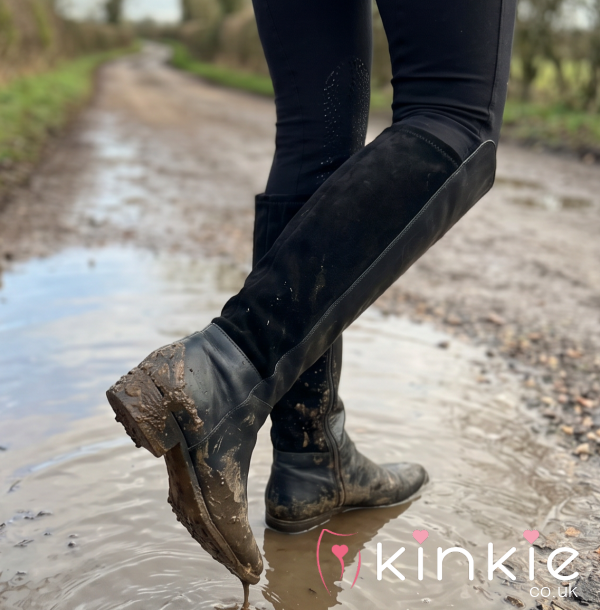 Black Leather Riding Boots Knee High Flat Sole Muddy A