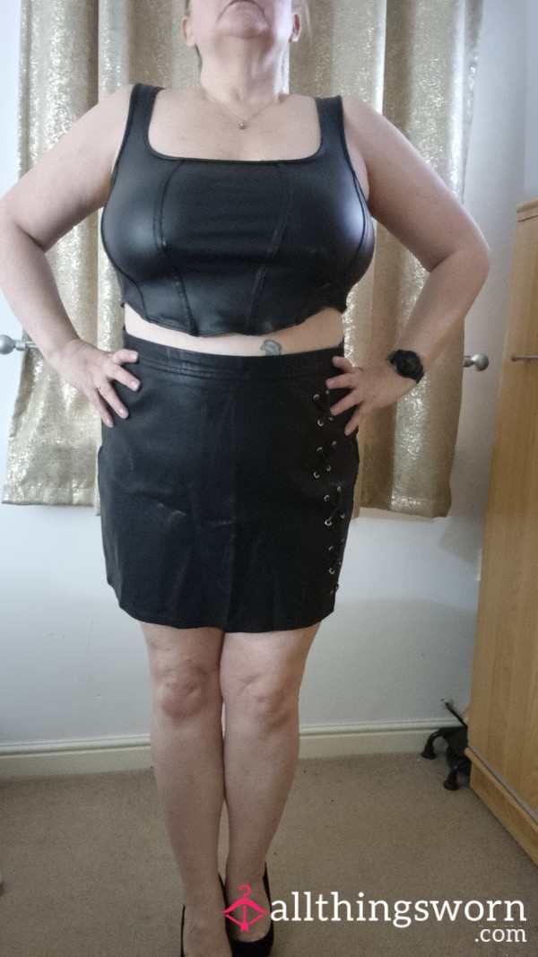 Black Leather Skirt And Pvc Top