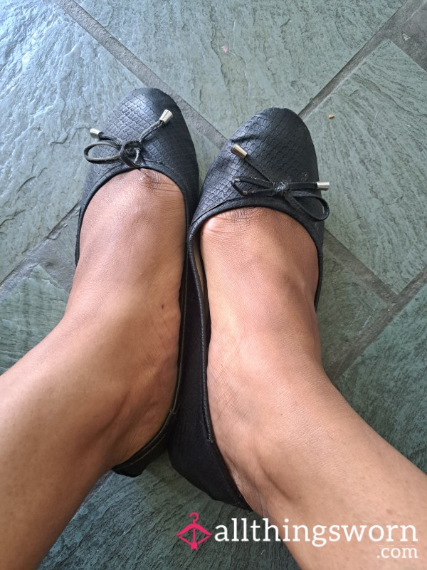 Black Leather Snakeskin Print Ballet Flats Sz9
