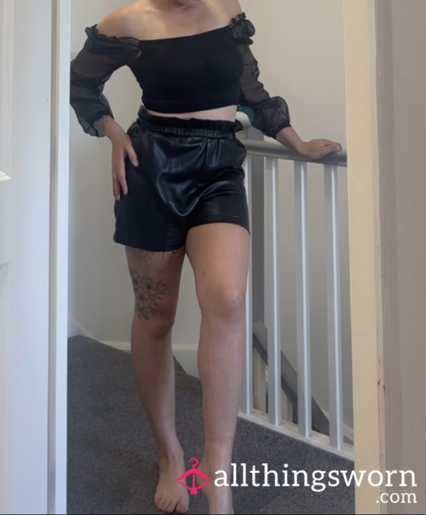 Black Leather Wet Look - High Waisted Shorts