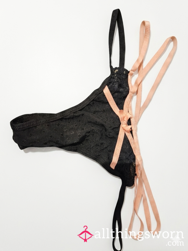 Black Mesh & Dusty Pink Strappy Thong