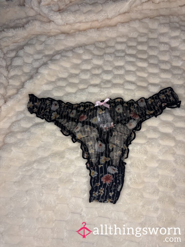 Black Mesh Flor*l Thong