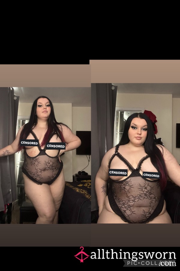 Black, Mesh, Lace Crotchless And Bra-less Bodysuit