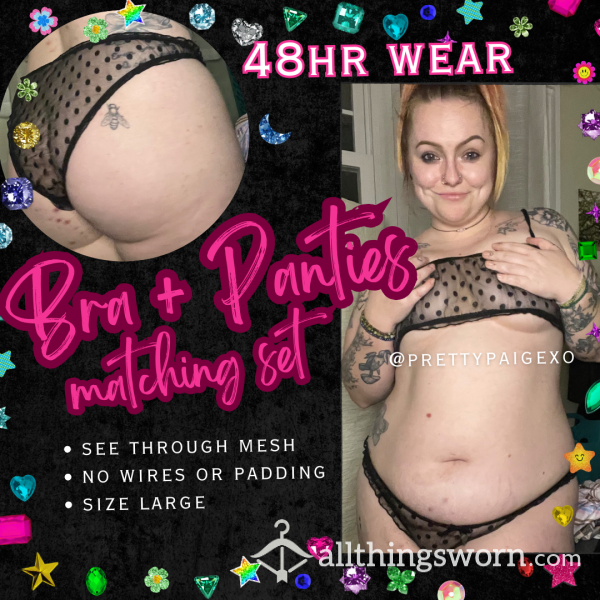 Black Mesh Polka Dot Set 🖤 Large Lingerie — Bra & Panties 💋 See Through… 48hr Wear
