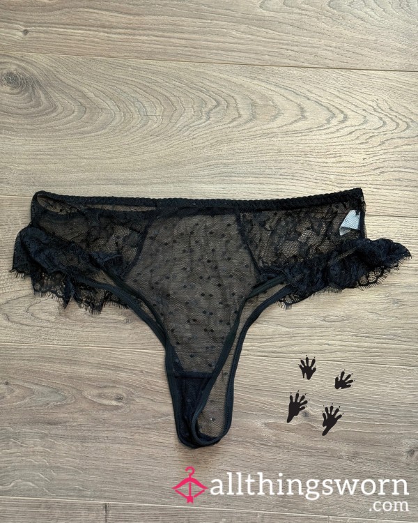 Black Mesh Polkadot Thong With Side Lace Ruffles For Custom Wear