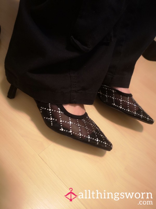 Black Mesh Rhinestone Heels Lovingly Worn By My Gorgeous Feet