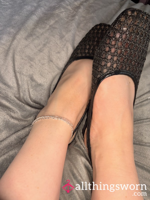 Black Mesh Slingback Flats - Worn For Work, Heavily Scented, UK Size 6