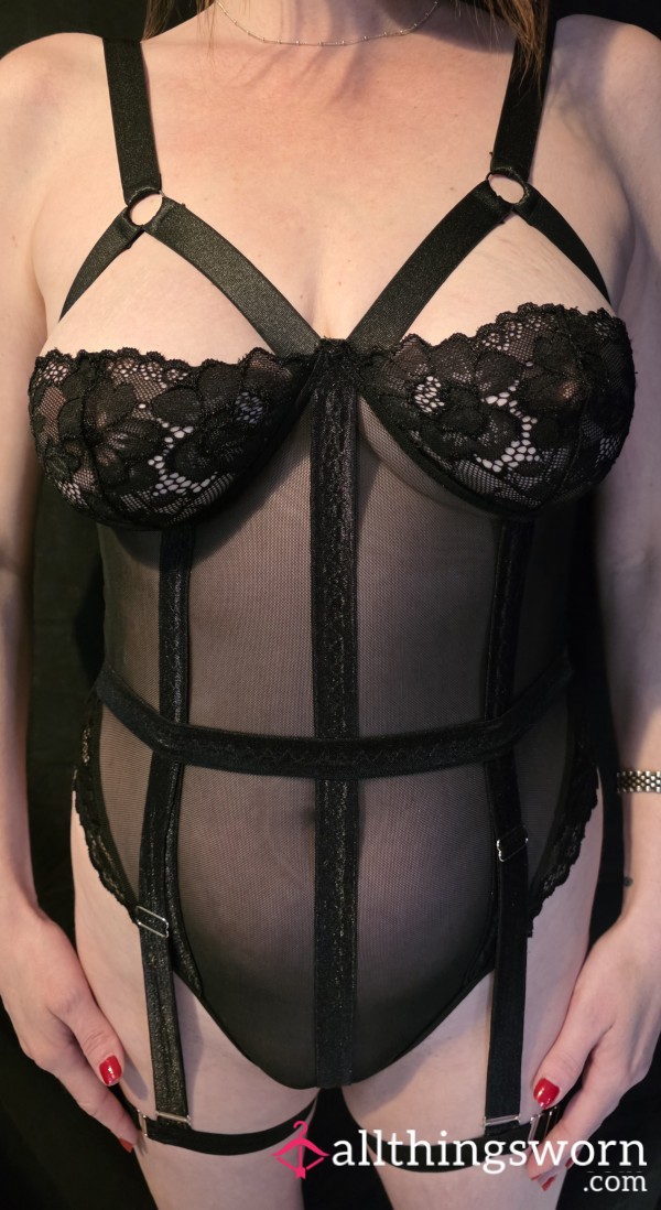 Black Mesh Strappy Lace Bodysuit – Thoroughly F**ked In My Straps Just For You 😈💦