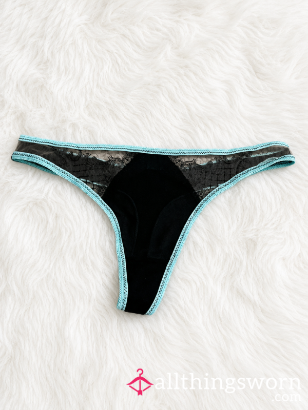 Black Mesh Thong - Turquoise Trim