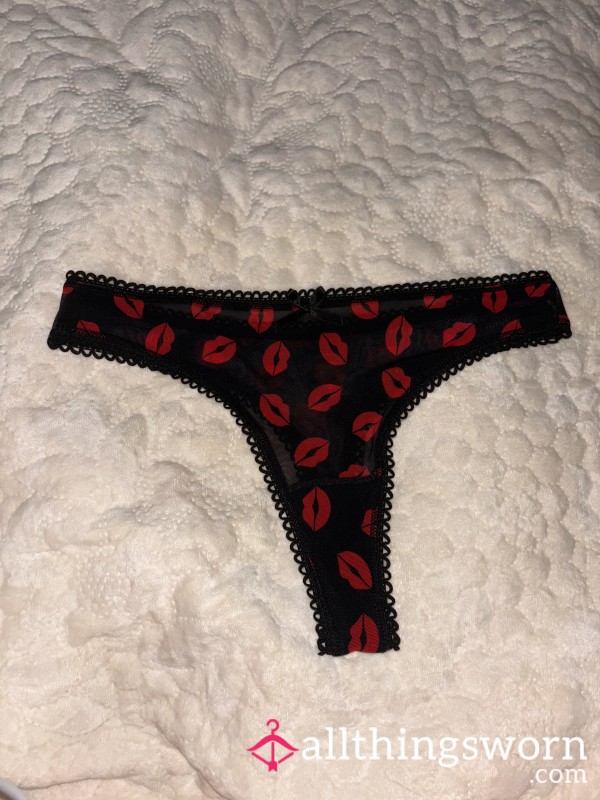 Black Mesh Thong With Kiss Prints