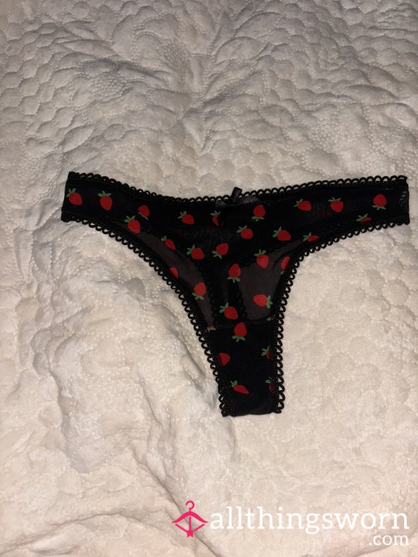 Black Mesh Thong With Strawberries