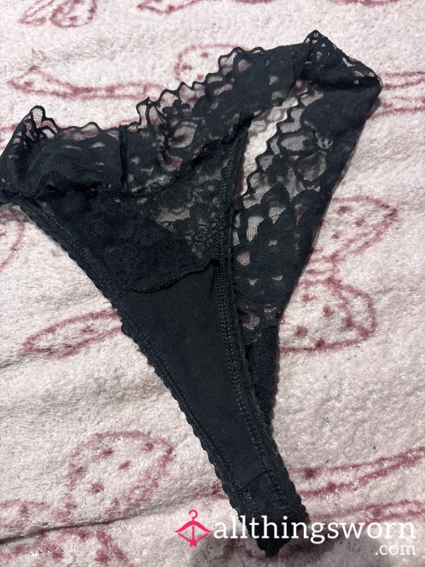 Black Netted Thongs With A Pocket In The Middle.