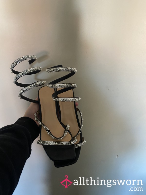 Black Open-Toe Pearl Heels – Elegant Strappy Leg Wrap Heels ✨