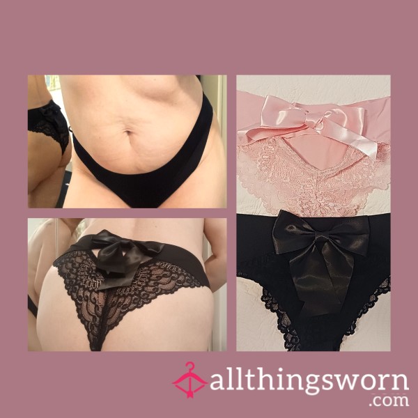 Black Or Pink Silky Satin Lace Back Panties With Bow