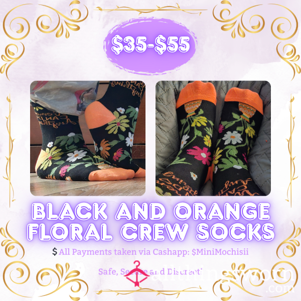 Black & Orange Flor*l Crew Socks