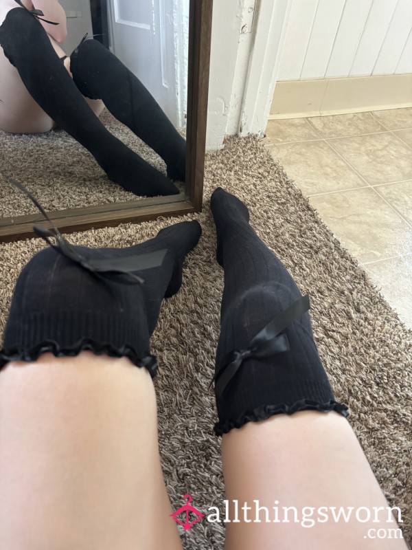 Black Over The Knee Stockings With Bows! Worn For 12 Hours And A Waitress Work Shift