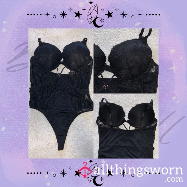 💖 Worn Black Lace Lingerie With Padded Cups 💖