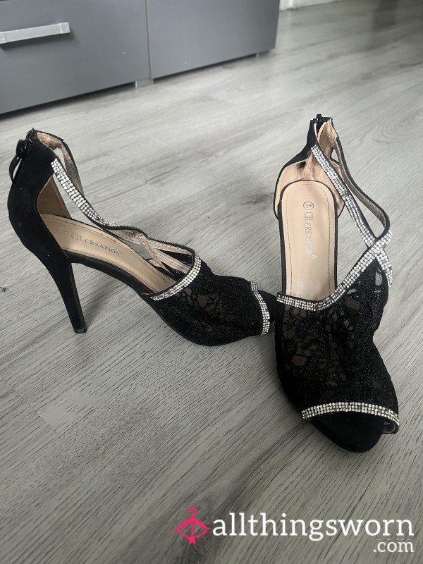 🖤 Black Patent Crystal-Trim Stilettos