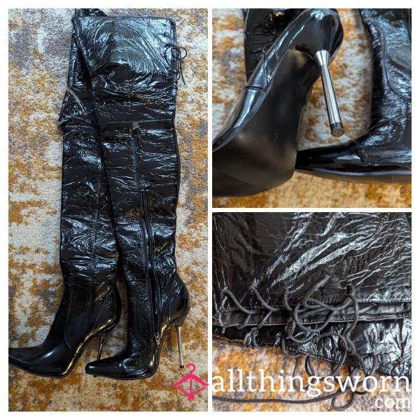🔥🖤 Black Patent Thigh High Stiletto Boots🖤🔥