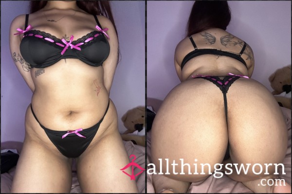 Black Pink Ribbon Lace G-string Set 🫶🏼