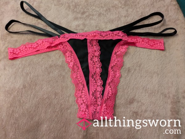 Black & Pink Thong With Lace Detail - 24 Hours Wear Included In Price