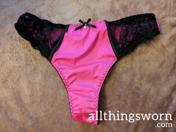 Black & Pink Thong With Lace Sides - 24 Hours Wear Included In Price