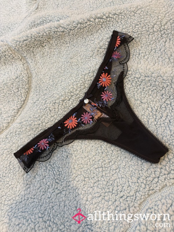 Black Pretty Flower Design Boux Avenue Thong