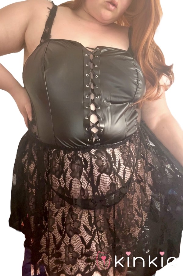 🖤 Black PU Leather And Lace Corset Dress And G-string Thong Lingerie Set 🖤
