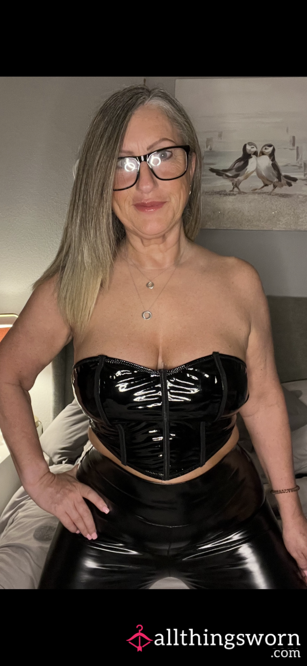 Black Pvc Legging With Pvc Top And Heels And Black Pvc Dress And Thigh High Boots. No Nudity.
