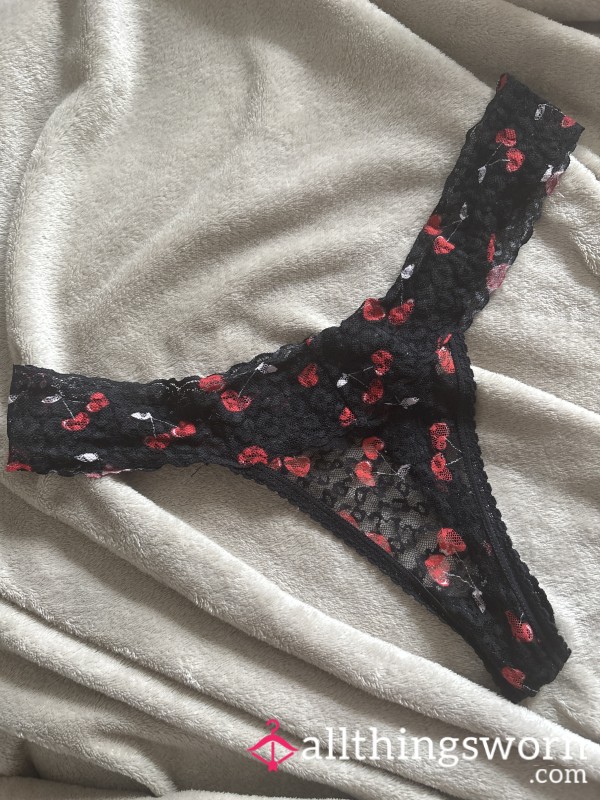 Black & Red Cherry Lace See Through Thong Knickers Panties Size 12 Uk Women’s