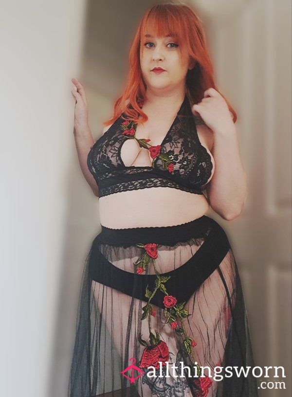 Black & Red Flor*l Bralette And Skirt