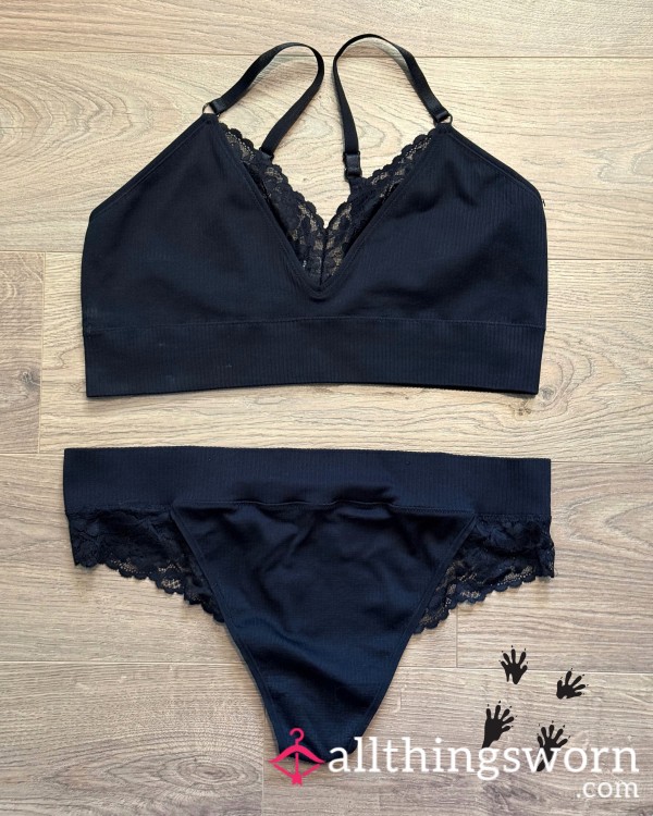 Black Ribbed Bralette And Thong With Lace Details, 2X, For Custom Wear