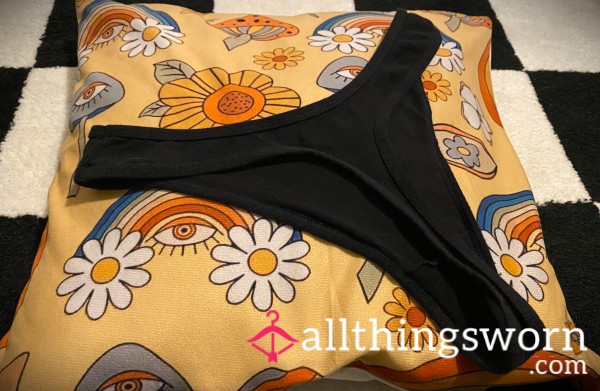 Black Ribbed Cotton Thong