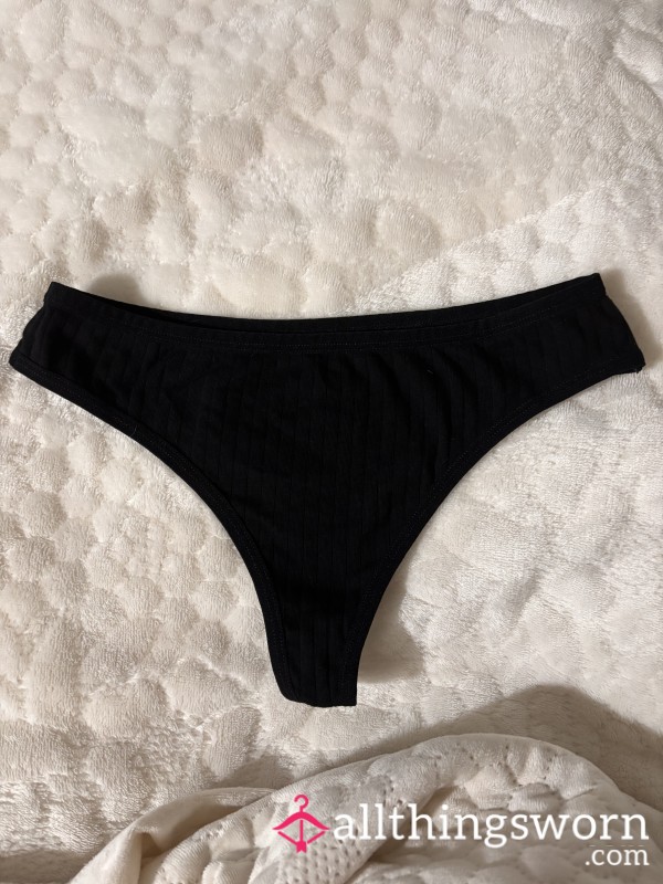 Black Ribbed Cotton Thong