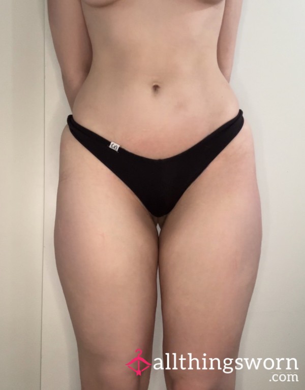 Black Ribbed Cotton Thong, Cotton Gusset (Size Small 10/12)