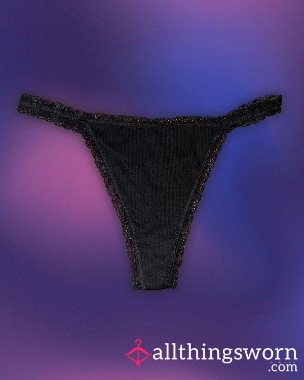 Black Ribbed Cotton Thong With Lace Trim