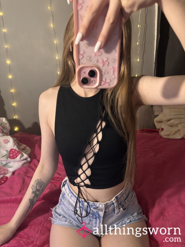 Black Ribbed Tank Top With Cutouts