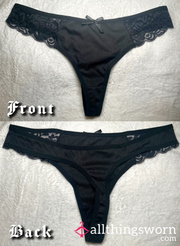 Black Ribbed Thong, Lace Detail & Bow